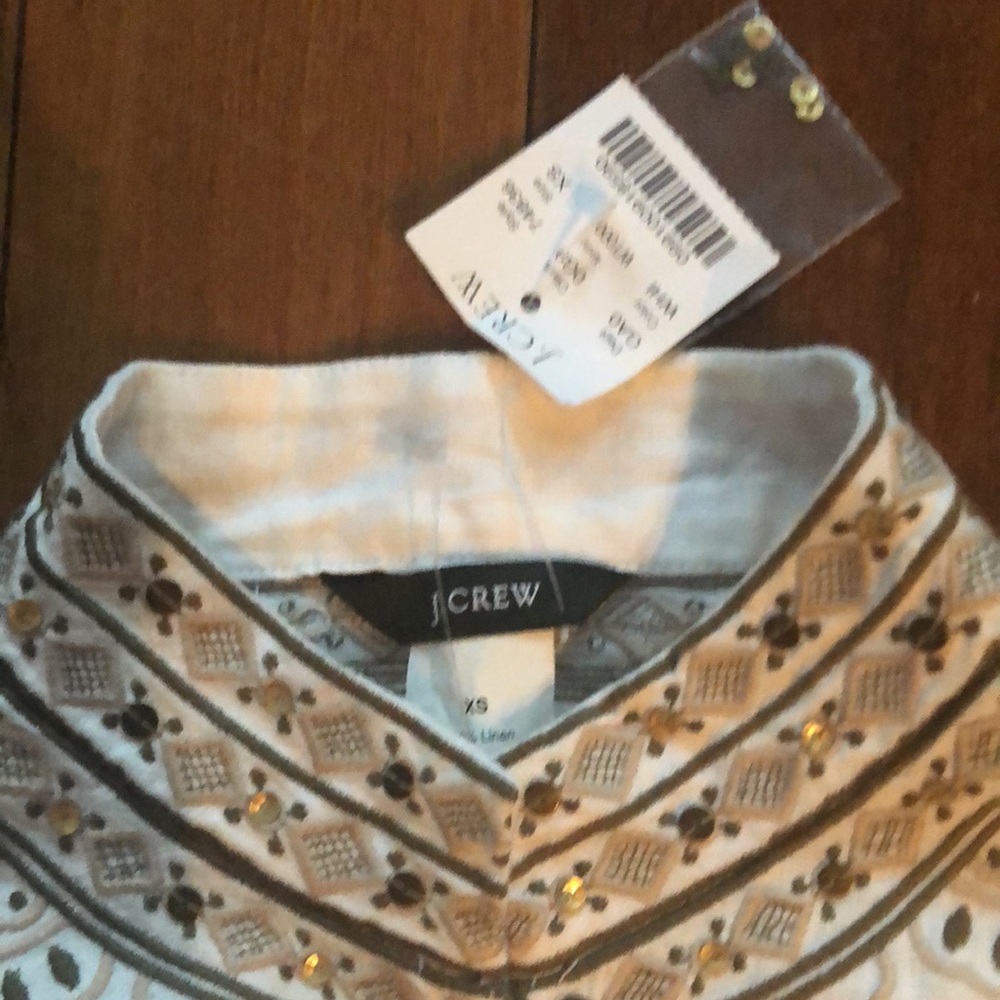 J. Crew Cream Linen Tunic w/ Embroidery, High Neck, and Side Vents NWT size XS - Picture 4 of 8